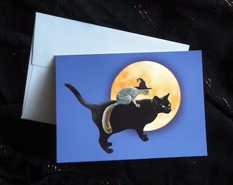 Witch Squirrel on Cat Halloween Card