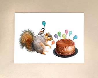 Squirrel and Bird Decorating Cake Glitter Birthday Card