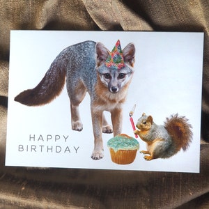 Fox and Squirrel with Cupcake Glitter Birthday Card, Animal Birthday Card