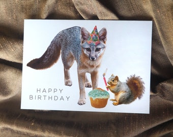 Fox and Squirrel with Cupcake Glitter Birthday Card, Animal Birthday Card