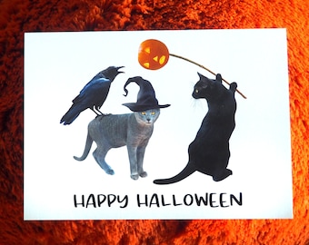 Cat Witches with Crow Halloween Card