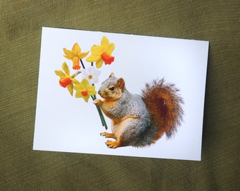 Squirrel Daffodils Card, Squirrel Spring Flowers Card