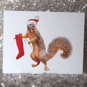 Écureuil du Père Noël avec carte de Noël imprimable de bas, carte de Noël écureuil imprimable