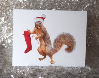 Santa Squirrel with Stocking Printable Christmas Card, Printable Squirrel Christmas Card