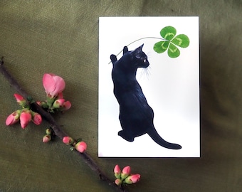 Lucky Black Cat with Four Leaf Clover Card