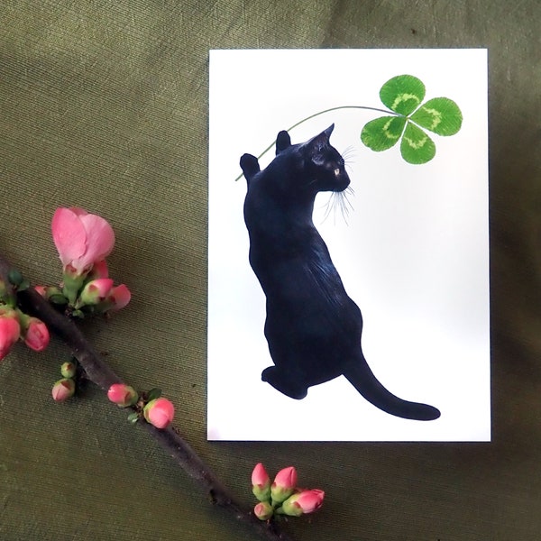 Lucky Black Cat with Four Leaf Clover Card