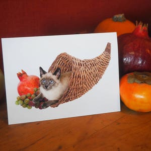 Siamese Cat Cornucopia Card, Harvest Cat Thanksgiving Card