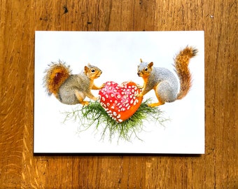 Squirrels with Red Mushroom Heart Love Card