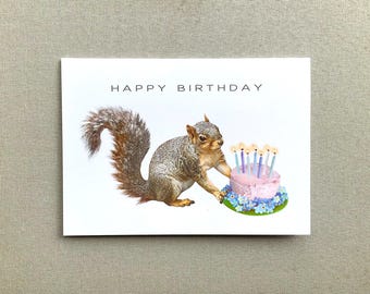 Squirrel with Flower Cake Birthday Card