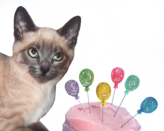 Carte Danniversaire Siamoise De Gateau De Ballon De Chat Etsy