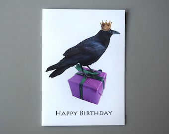 Raven King Glitter Birthday Card, Bird Birthday Card