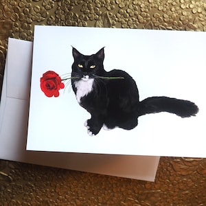 Cat Red Rose Valentine's Card, Tuxedo Cat Card