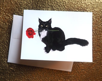 Cat Red Rose Valentine's Card, Tuxedo Cat Card
