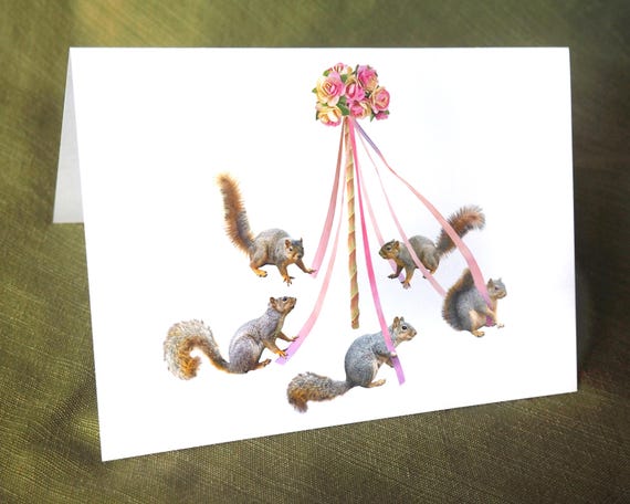 Squirrels Around the Maypole Card, May Day Squirrel Card