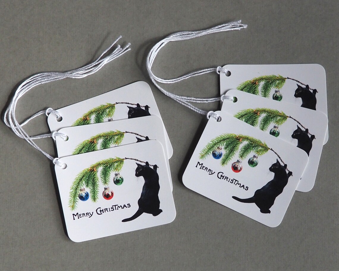 Black Cat Swag Glittered Christmas Tags Etsy
