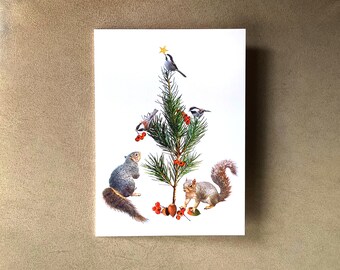 Squirrels Chickadees Tree Holiday Card