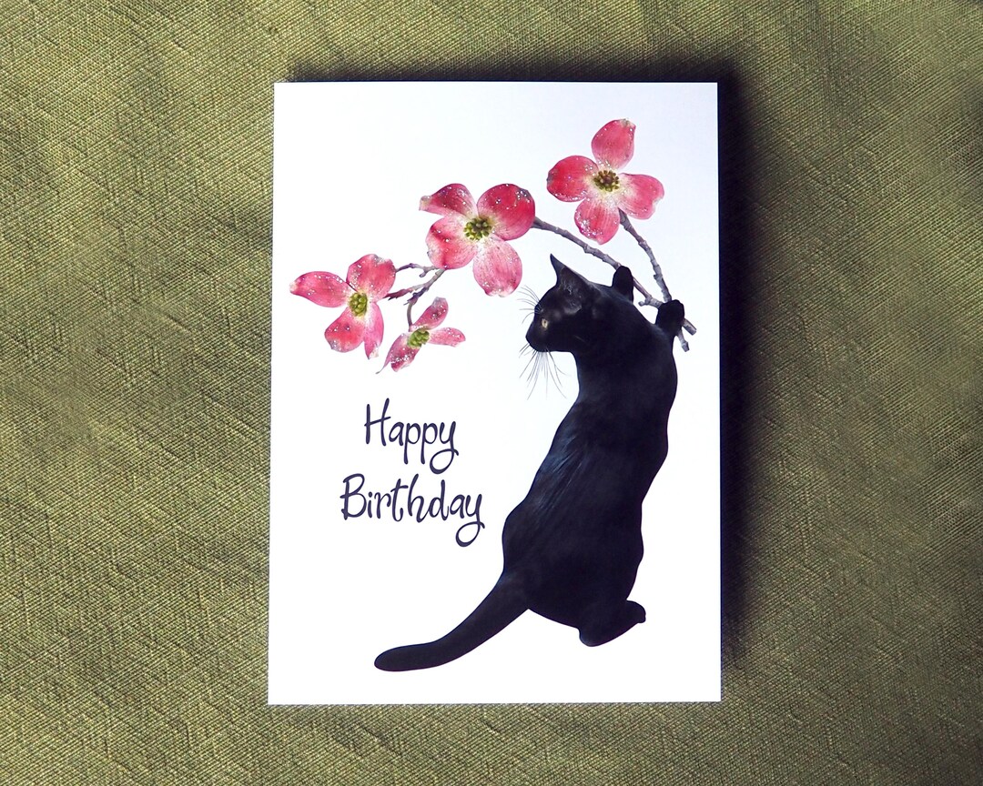 Black Cat Flowers Glitter Birthday Card, Cat Birthday Card - Etsy