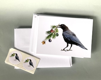 Boxed Set 8 Crow with Little Christmas Tree Glittered Cards