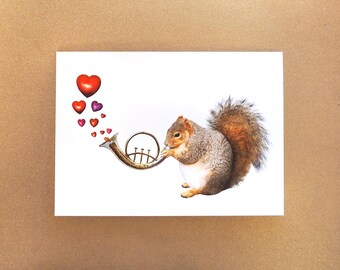 Squirrel with Horn and Hearts Valentines Card