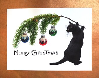 Black Cat Swag Merry Christmas Card, Christmas Cat Glitter Card