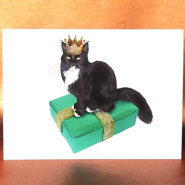 Tuxedo Cat Wearing Crown on a Birthday Present Card, Cat Glitter Birthday Card