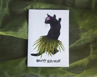 Hula Cat Birthday Card, Black Cat Birthday Card