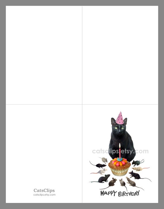 Biglietto Auguri Compleanno Gatto Nero Acquerello 145x145mm - Fatto A Mano In UK Con Busta