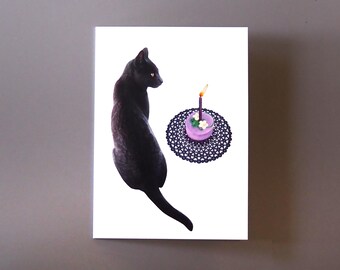 Cat with Lavender Cake Birthday Card