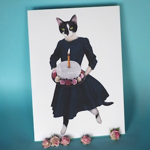 Cat Dress Cake Printable Birthday Card, Digital Cat Celebration Card