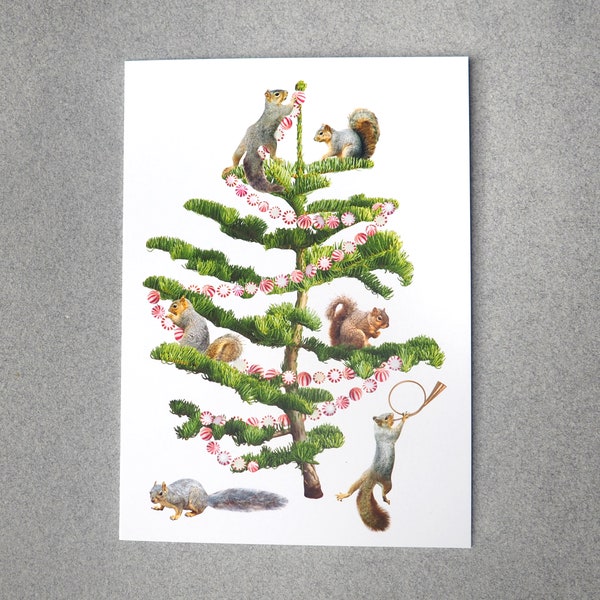 Squirrels Peppermint Tree Christmas Card