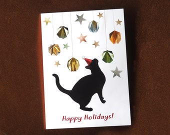 Black Cat with Gold Balls and Stars Holiday Card