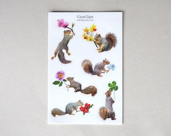 Squirrels with Flowers Vinyl Stickers