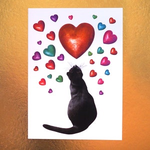 Carte de Saint-Valentin coeurs de chat noir, amour de chat noir