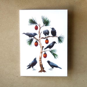 Carte pour les Fêtes corbeaux dans un arbre, oiseaux de Noël