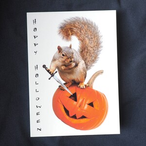 May include: A gray squirrel holding a small sword, standing on top of an orange jack-o'-lantern. The text "Happy Halloween" is written vertically on the left side of the image.