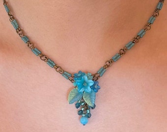 Colleen Toland Handbeaded Turquoise Necklace and Earring Set flower pendant floral beadwork handmade jewelry romantic feminine vintage style