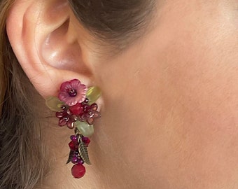 COLLEEN TOLAND TeaRose Red Leaf Flower Earrings handmade jewelry floral one of a kind artisan made handcrafted handbeaded post stud