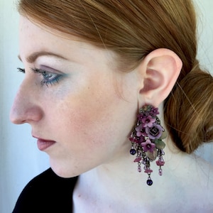 ROMANTIC CHANDELIER EARRINGS in Purple Plum Handbeaded by Colleen Toland dangle drop beaded designer flower floral rose handcraftedower