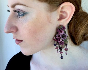 ROMANTIC CHANDELIER EARRINGS in Purple Plum Handbeaded by Colleen Toland dangle drop beaded designer flower floral rose handcraftedower