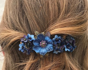 COLLEEN TOLAND Navy Blue Flower Barrette Blue Barrette Flower Hair Accessories Beaded Barrette Gifts for Girls Hair Jewelry Blue Hair Clip