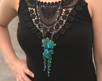 TEAL PENDANT HANDBEADED Necklace, Designed by Vintage Jewelry Designer Colleen Toland