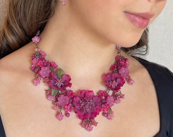 Carmine Fuchsia Colleen Toland Cactus Flower Statement Necklace vintage jewelry romantic jewelry handmade jewelry feminine necklace gift