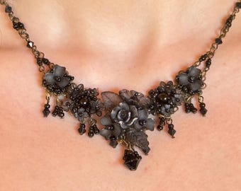 Colleen Toland Black Floral V Necklace handmade special occasion little black dress red carpet looks romantic jewellery rose flowers beaded