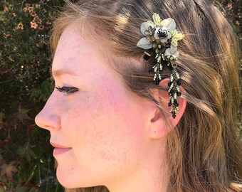 DANGLE HAIR CLIP Antique Gold and Black Handbeaded by Vintage Jewelry Designer Colleen Toland