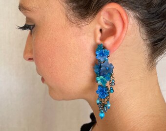 Olympic Blue Hand-beaded drop Earring by Vintage Jewelry Designer Colleen Toland with glass beads and handpainted flowers.