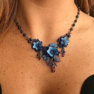 NAVY Blue Vee Trumpet Flower Necklace Handbeaded by Vintage Jewelry Designer COLLEEN TOLAND romantic handmade womens jewerly handcrafted