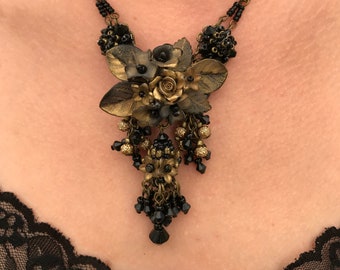 BLACK and GOLD Handbead Vee NECKLACE designed by Vintage Jewelry Designer CoLLeeN ToLaNd