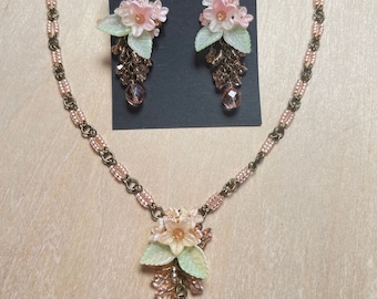 COLLEEN TOLAND Fairy Pink Necklace Earring Set pink floral pendant jewelry set romantic one of kind hand beaded artisan jewlery