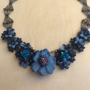Navy BLue Flower Handbeaded Necklace designed by Vintage Jewelry Designer Colleen Toland