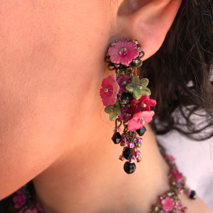 ROSE GARDEN Dangle Hand beaded Earring by Vintage Jewelry Designer Colleen Toland